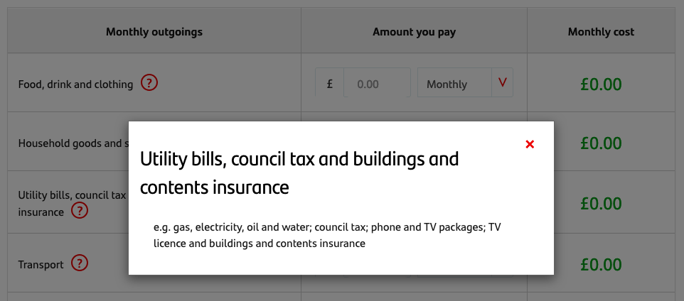 Original budget calculator with a popup showing small a detail