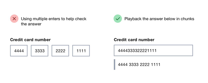 Use a single input for long numbers, and playback the numbers typed below the control in a formated manner.